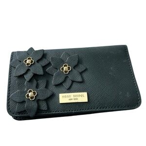 Henri Bendel Black Saffiano Leather Phone Wallet Floral Gold Hardware RARE